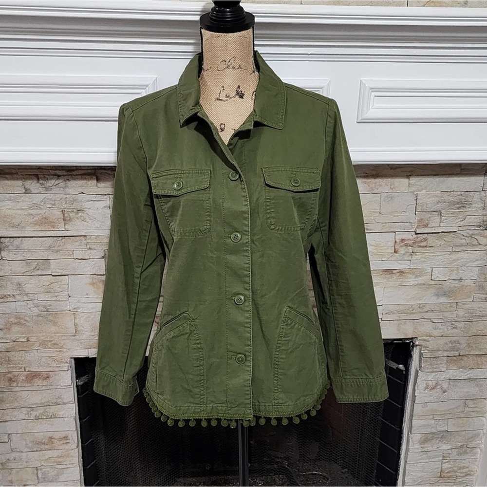 Talbots khaki green‎ pom pom blazer military jacket Size medium